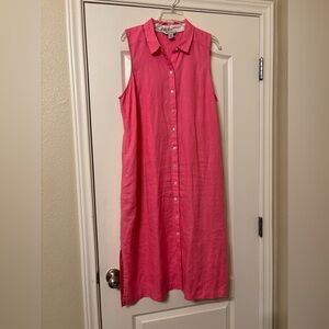 Tommy Bahama Sz Large Linen Pink Carnation dress shirtdress buttons sleeveless